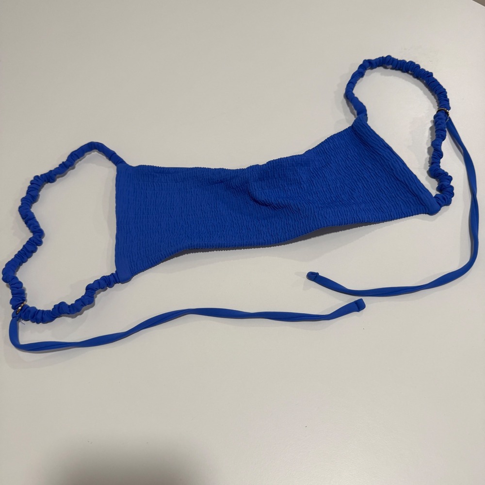 Agua Bendita Royal Blue Smocked Crinkle Bandeau Bikini Top Tie Back